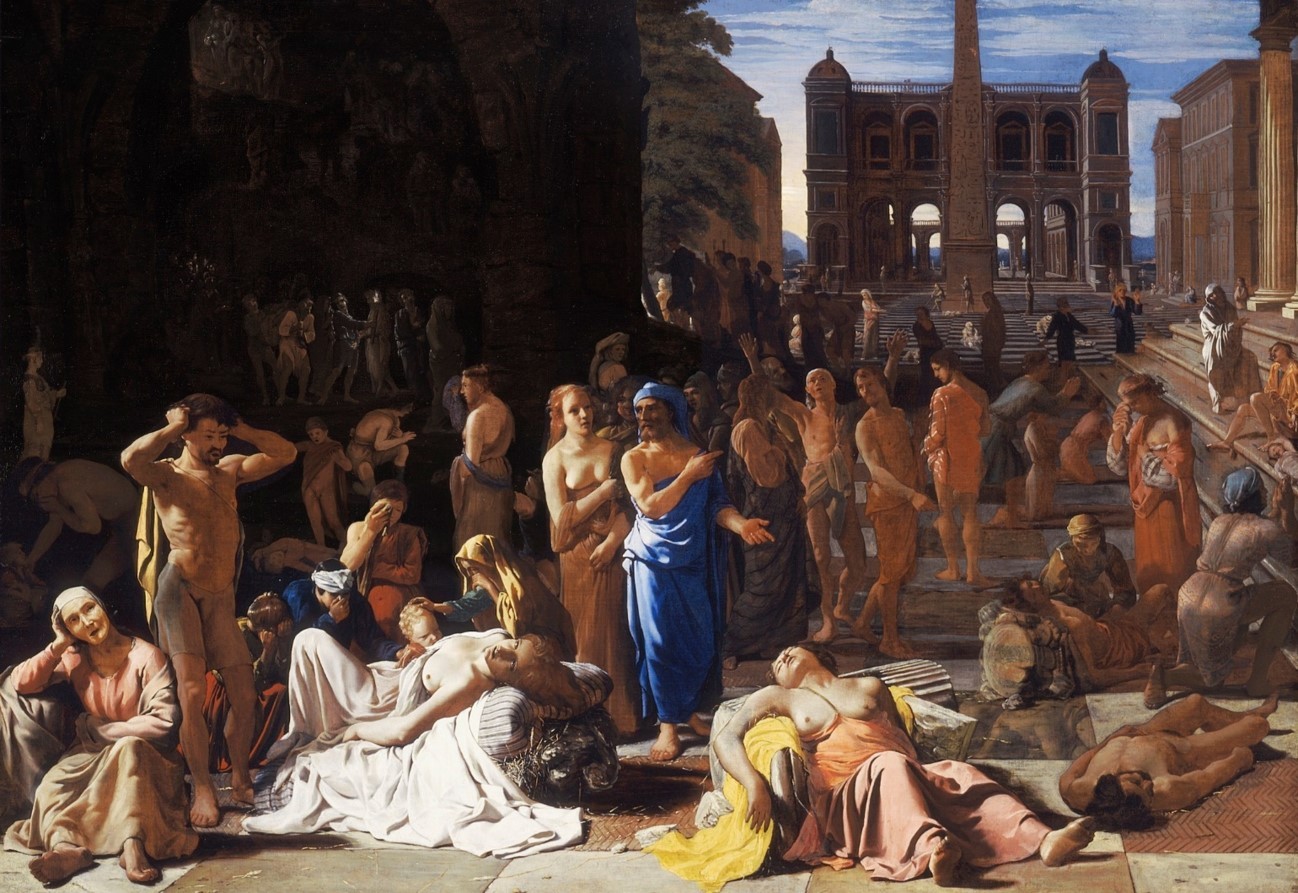 pintura antiga com pessoas a sofrer com a peste negra em Atenas