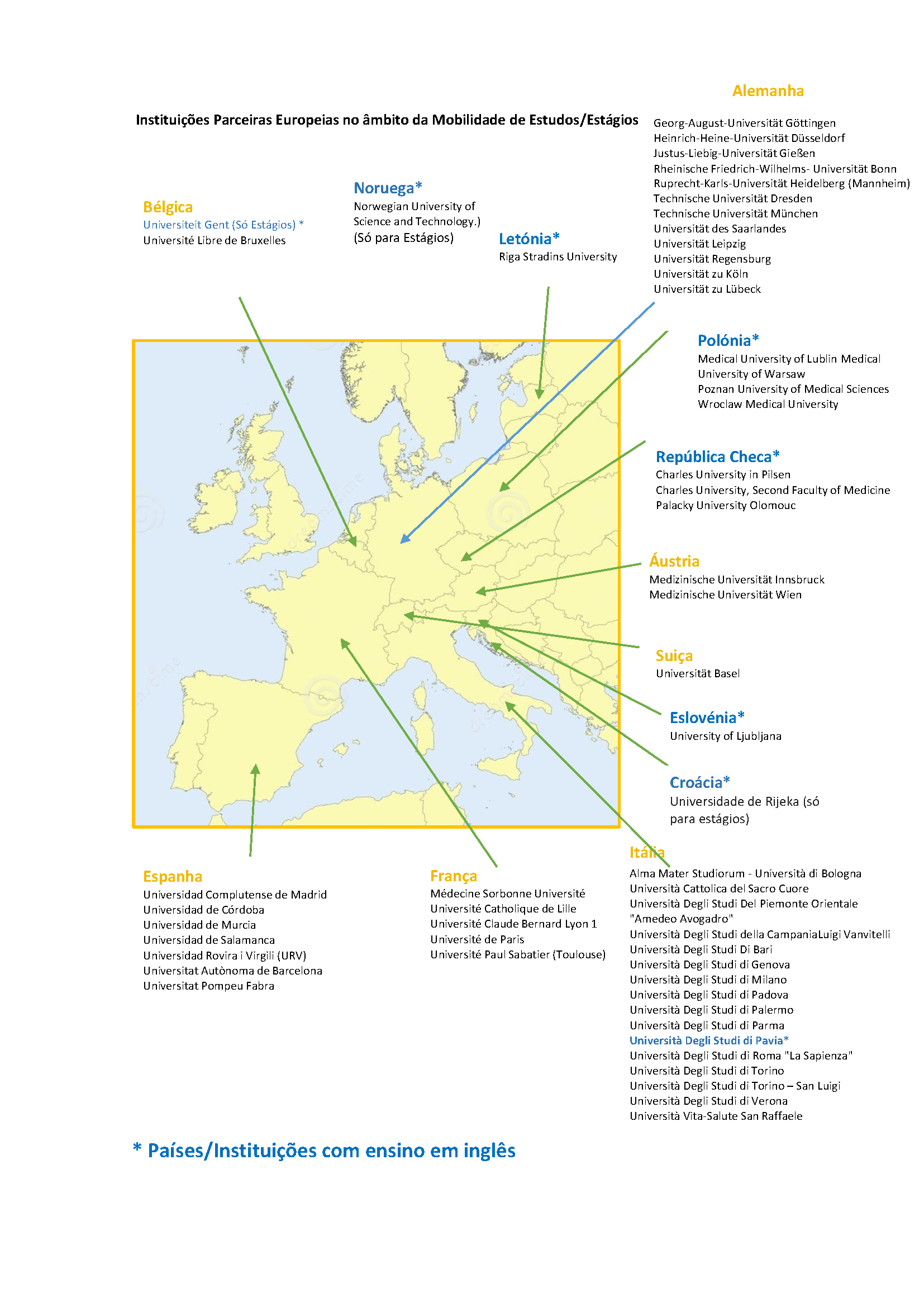 mapa europa com indicação das instituições parceiras com ensino em inglês