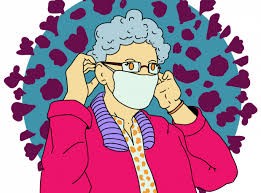 animação de uma idosa a colocar uma máscara