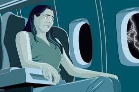 animação de uma mulher visivelmente desconfortável por andar de avião