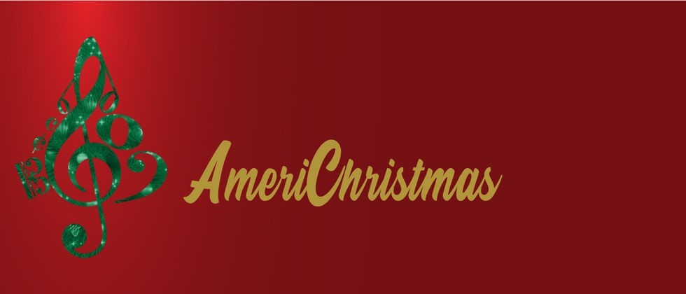 Red background poster with golden letters and a Christmas tree