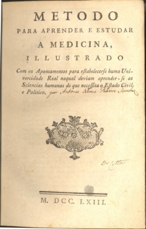Capa de livro antigo com título &quot;Metodo para aprender a estudar a Medicina, illustrado&quot;