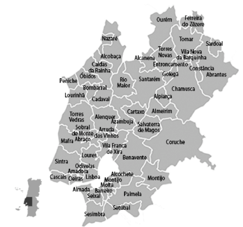 Mapa de Lisboa com os concelhos destacados