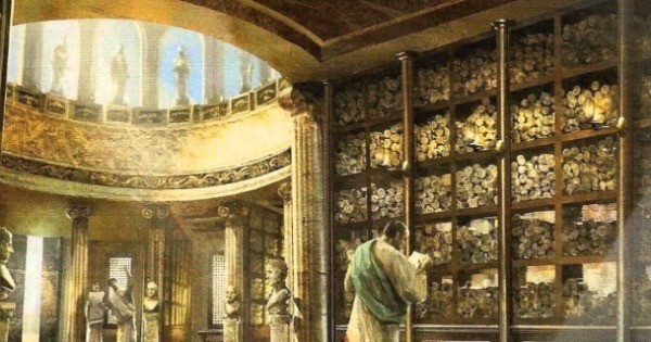 ilustração antiga de uma biblioteca
