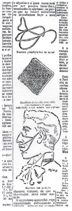 artigo de jornal antigo com imagem de homem com máscara