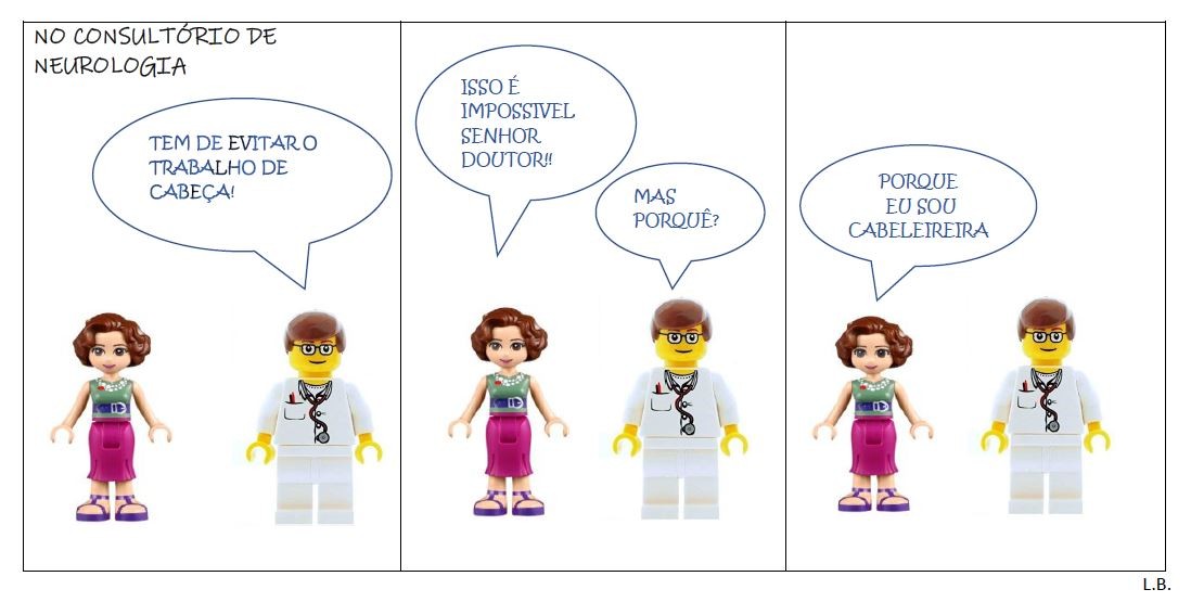 imagem com texto e dois brinquedos a ilustrar um médico e um paciente