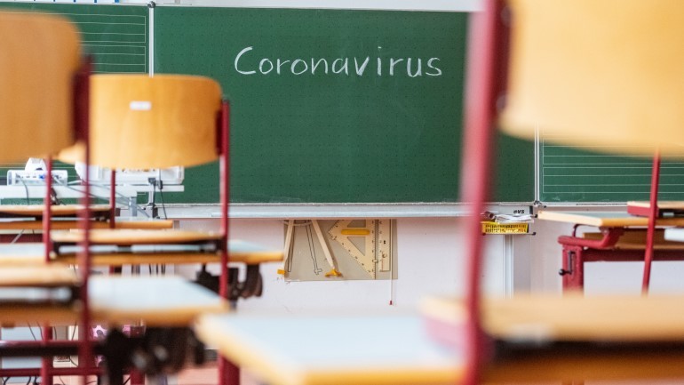 Sala de aula com a palavra coronavirus escrito no quadro verde