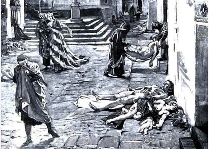 imagem a preto e branco de pessoas a morrerem na rua durante a peste de cipriano na Inglaterra