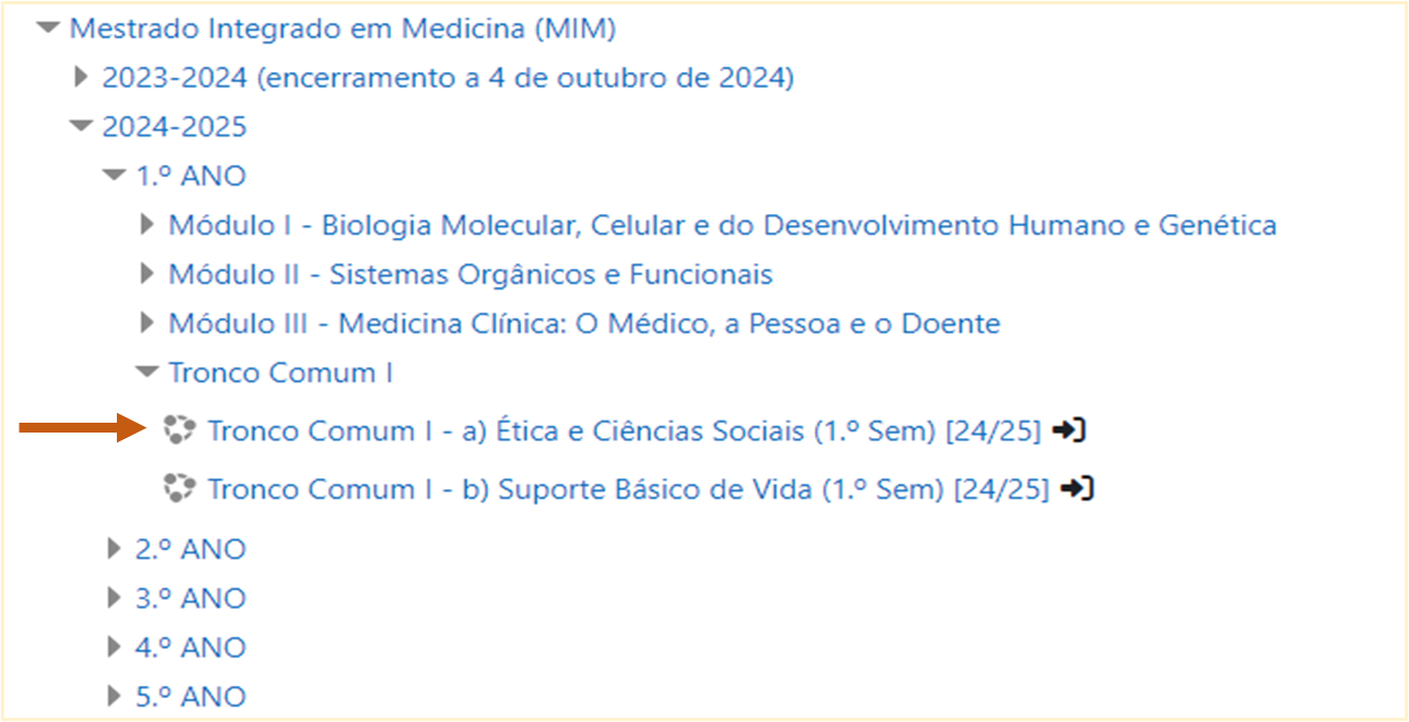 vista de ecrã com seleção de discplinas