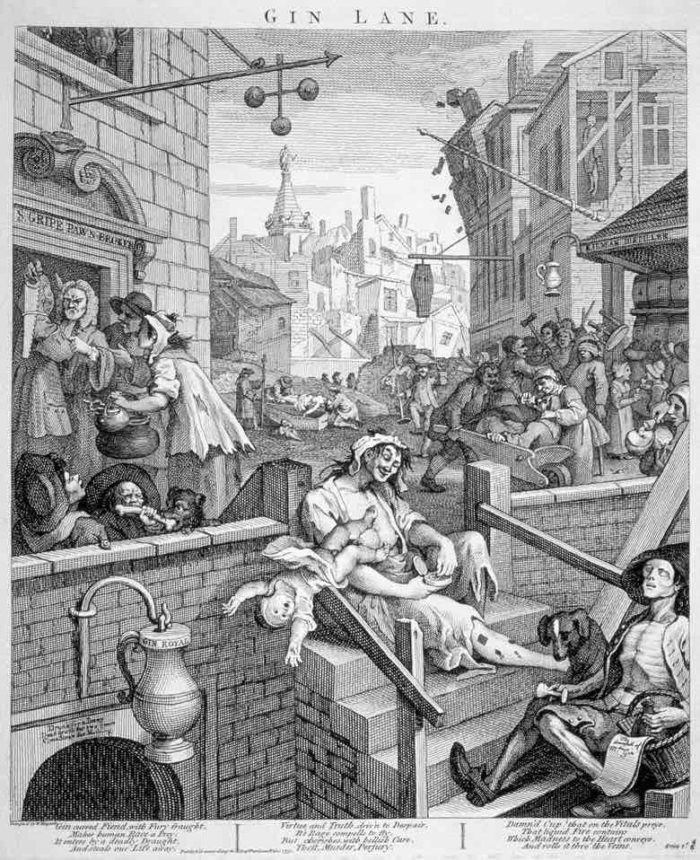 caricatura da cidade de Londres no século XVIII, uma multidão de pessoas a discutir com ar fechado