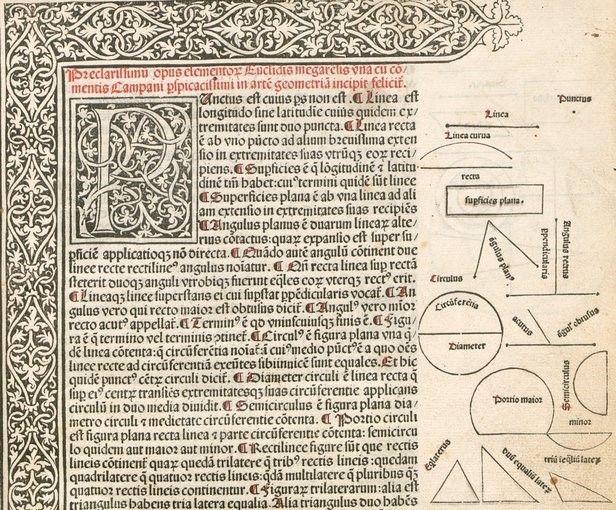 capa da a primeira edição impressa dos Elementos de Euclides, traduzida para latim por Abelardo de Bath, 1482.